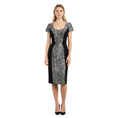Load image into Gallery viewer, Carolina Herrera Black / Silver Metallic Short Sleeved Silk Jacquard Midi Cocktail Dress