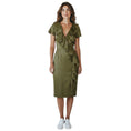Load image into Gallery viewer, Oscar de la Renta Olive Green Ruffled Short Sleeved Leather Midi Dress