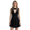 Load image into Gallery viewer, J. Mendel Black Cut Out Detail Nylon Stretch Sleeveless Flared Dress with Lamb Leather Trim