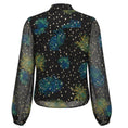 Load image into Gallery viewer, A.L.C. Black / Blue / Green / Yellow Multi Printed Silk Chiffon Blouse with Gold Metallic Lurex Dot Detail