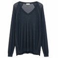Load image into Gallery viewer, Brunello Cucinelli Navy Blue Sequined Linen and Silk Knit Long Sleeved V-Neck Sweater with Monili