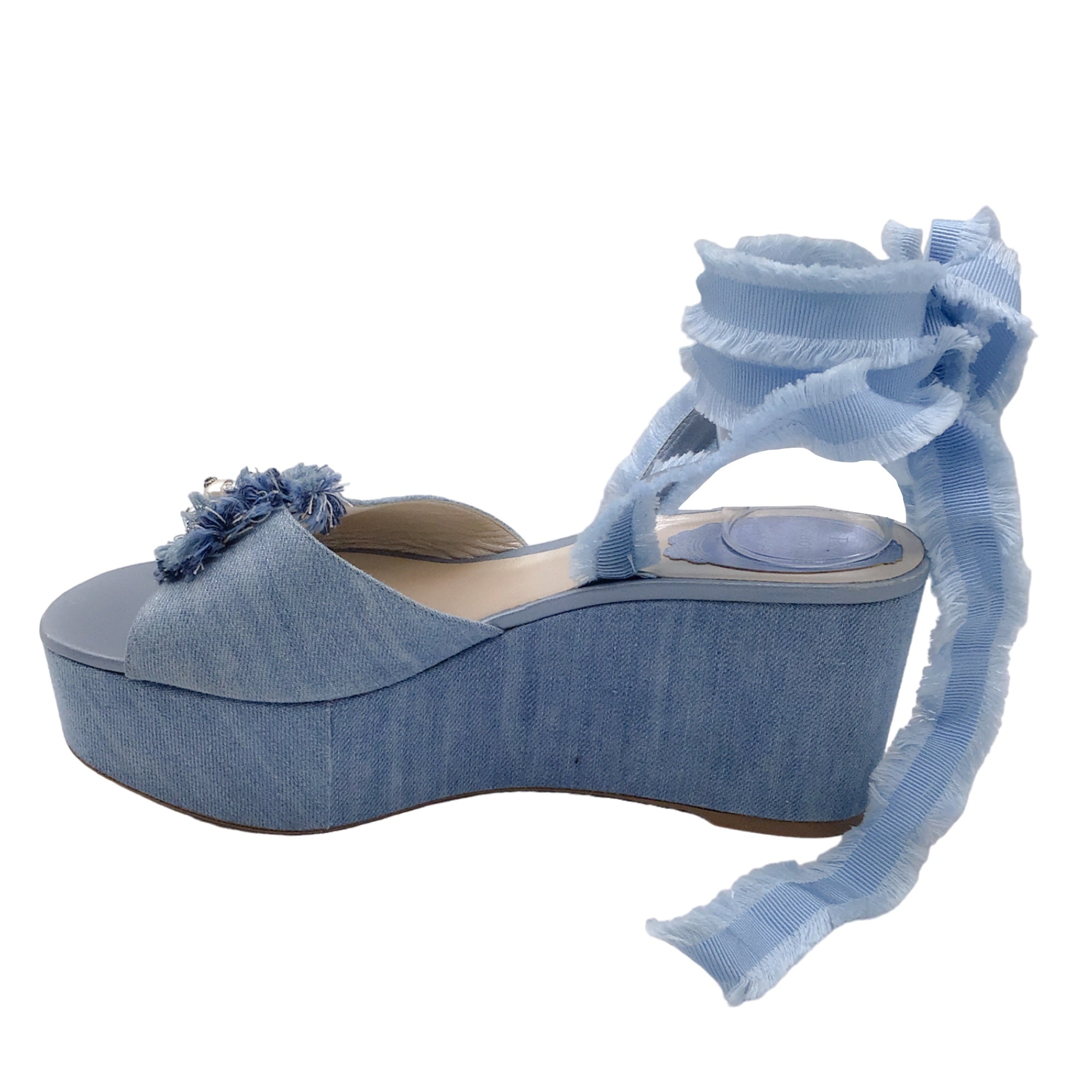 Rene Caovilla Blue Embellished Denim Ankle Wrap Platform Sandals
