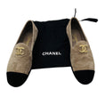 Load image into Gallery viewer, Chanel Taupe / Black / Gold CC Logo Cap Toe Suede Loafer Flats