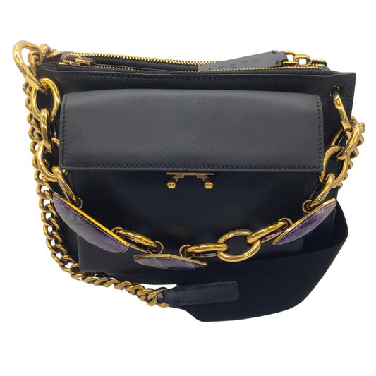 Marni Black / Brown / Gold Chain Strap Stone Embellished Leather Shoulder Bag