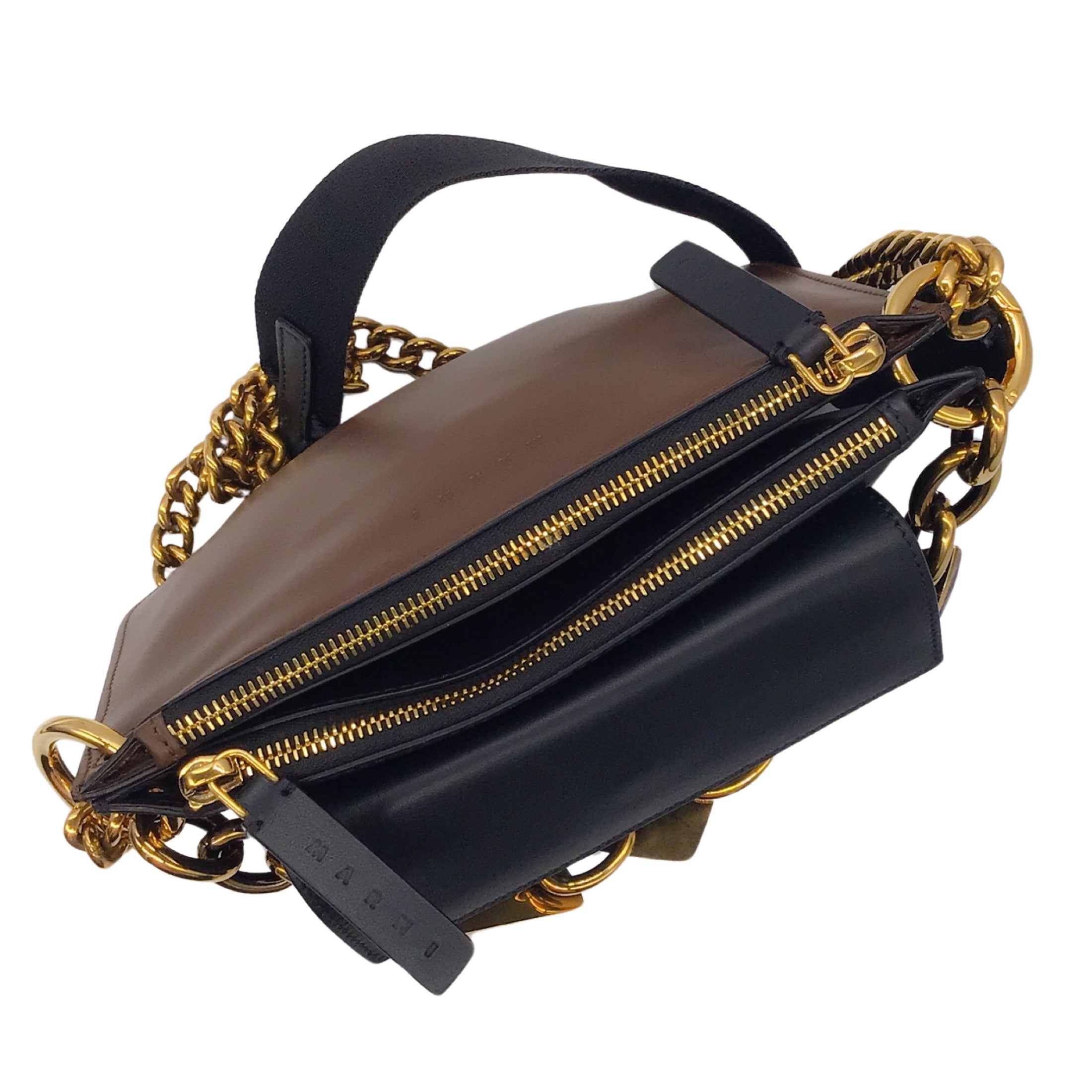 Marni Black / Brown / Gold Chain Strap Stone Embellished Leather Shoulder Bag