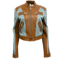 Load image into Gallery viewer, Versace Blue Logo Tan Leather Moto Jacket
