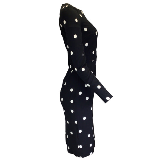 Dolce & Gabbana Black / White Polka Dot Print Long Sleeved Crepe Midi Dress