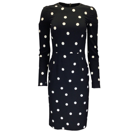Dolce & Gabbana Black / White Polka Dot Print Long Sleeved Crepe Midi Dress