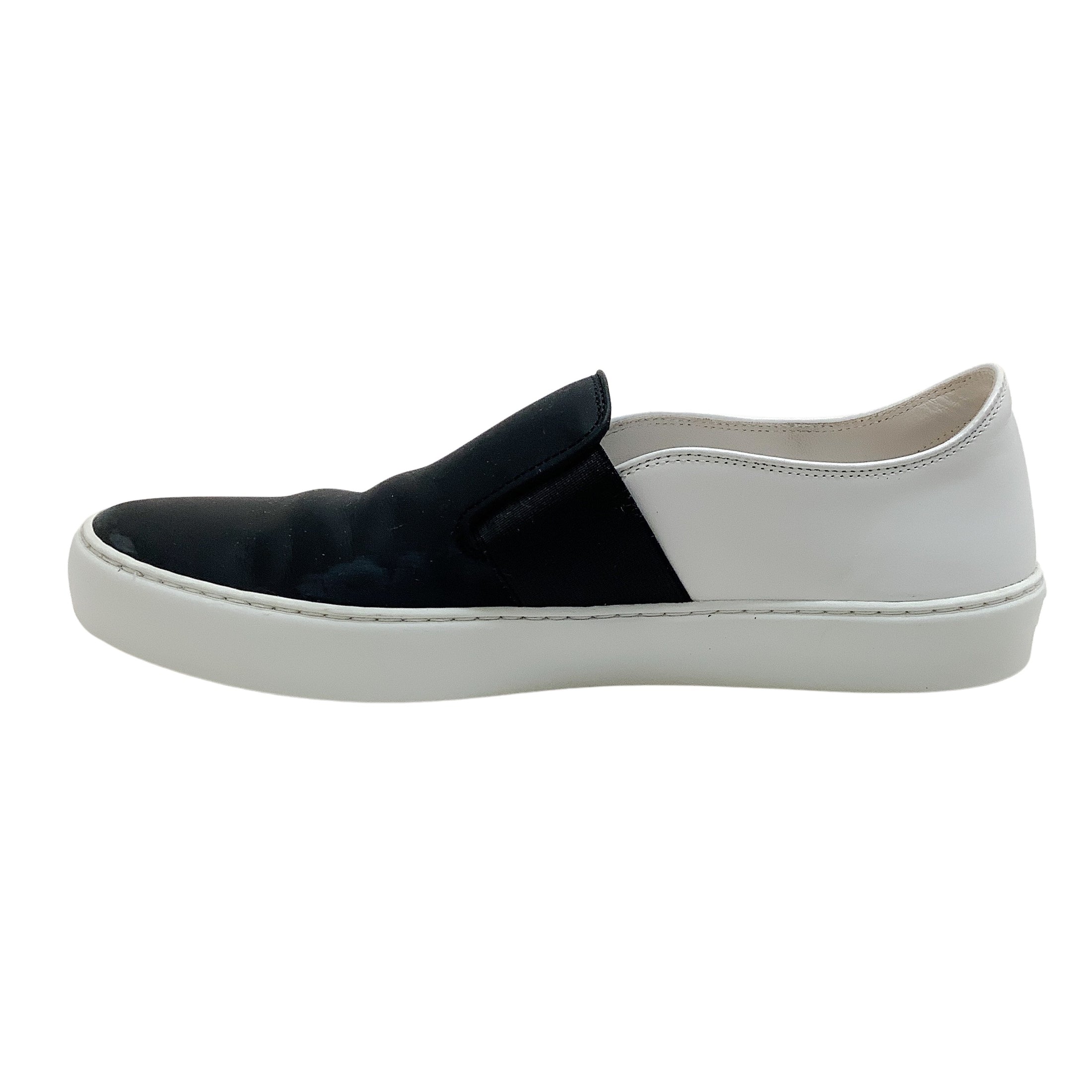 Chanel Black Satin / White Leather Slip On Sneakers