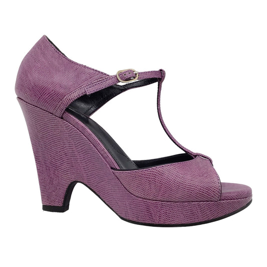 Tod's Purple Embossed Leather T-Strap Wedge Sandals