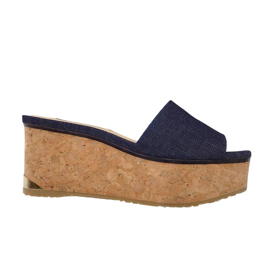 Jimmy Choo Blue Dark Denim Platform Cork Wedge Sandals