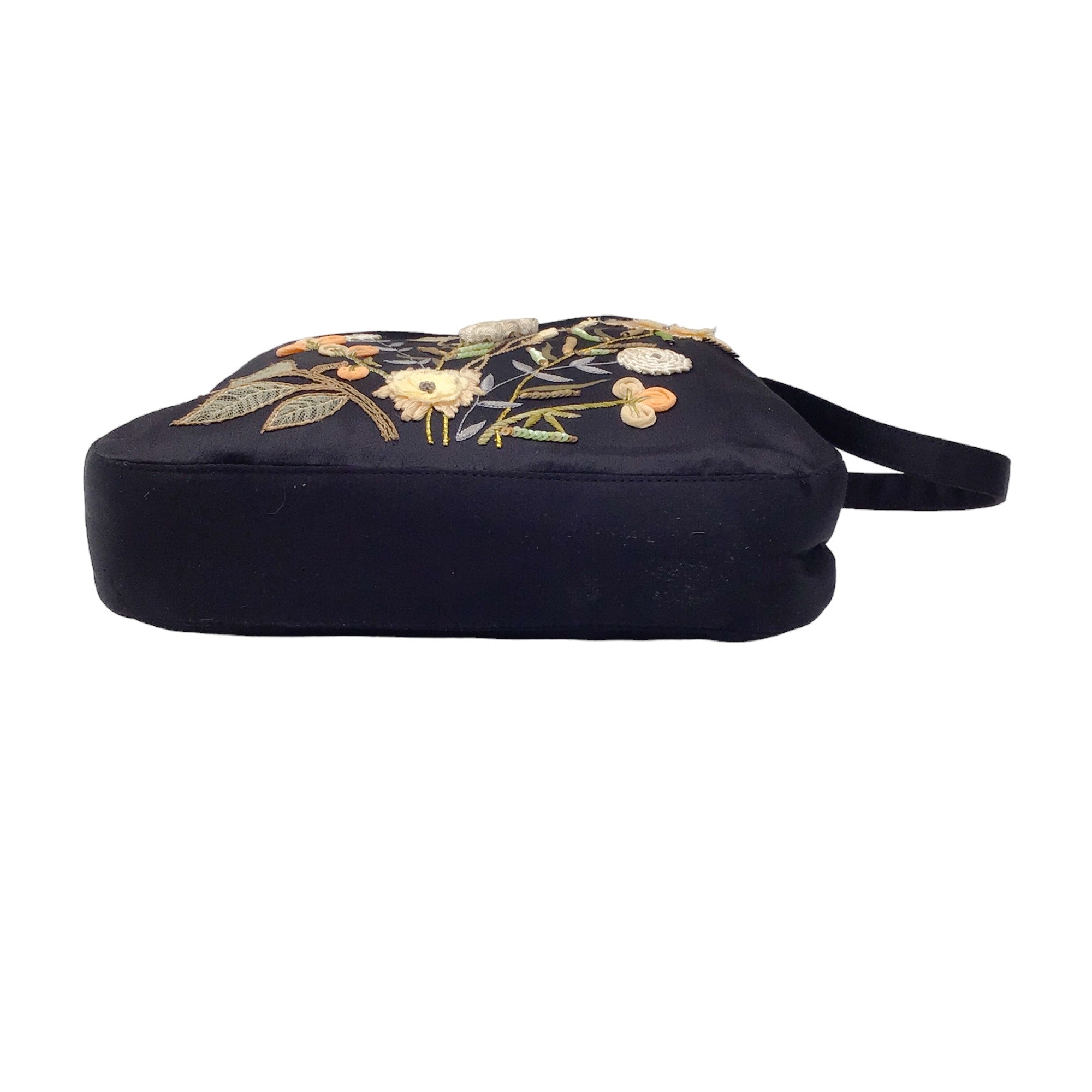 Moschino Vintage Black Multi Floral Embroidered Silk Handbag