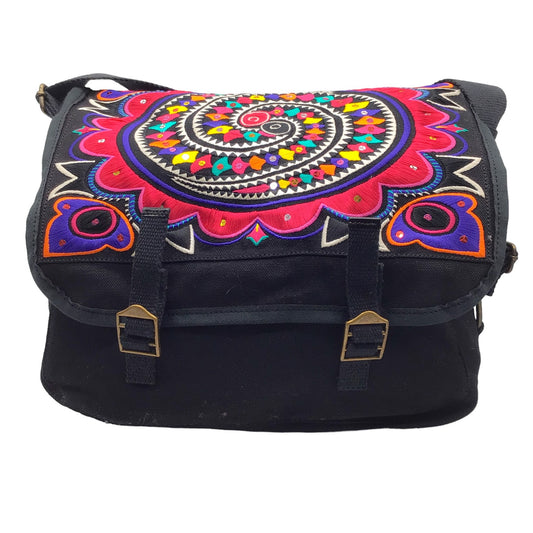 John Galliano Black Multi Embroidered Canvas Messenger Shoulder Bag