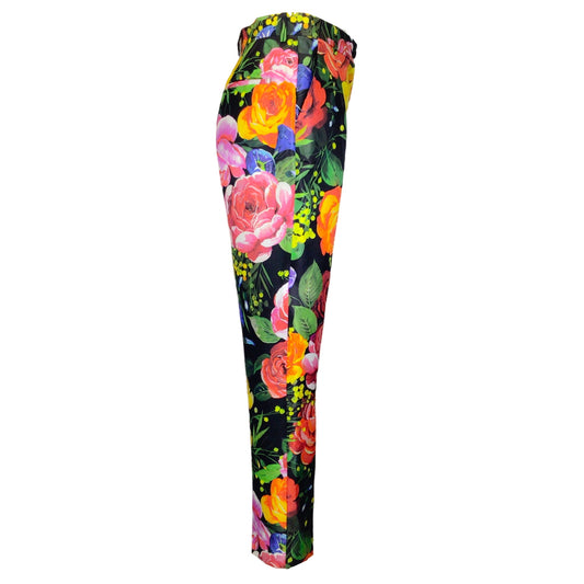 Dolce & Gabbana Black Multi Bouquet Print Silk Mikado Pants