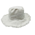 Load image into Gallery viewer, Prada White Triangle Logo Embroidered Wide Brimmed Cotton Drill Bucket Hat with Fringe