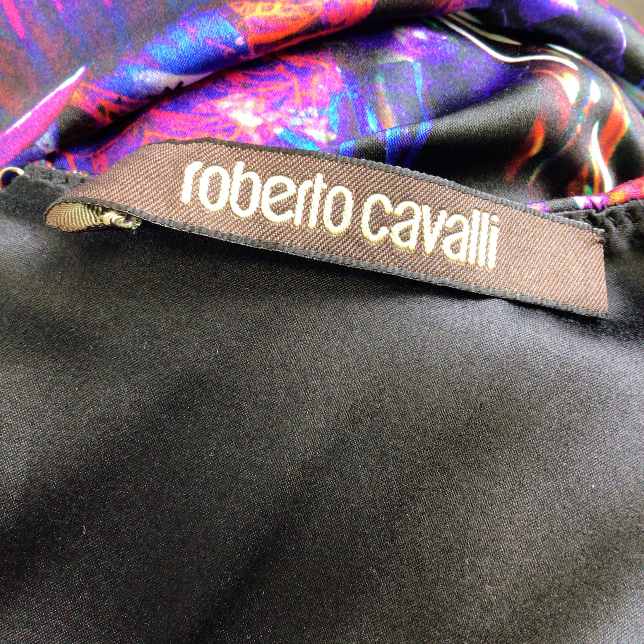Roberto Cavalli Black Multi Jewel Encrusted Printed Sleeveless V-Neck Ruched Dress