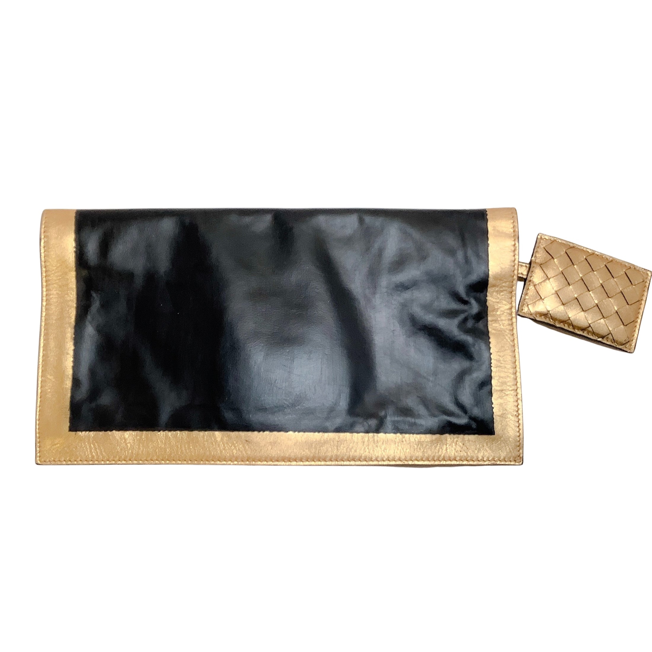 Bottega Veneta Black / Gold Leather Fold Over Clutch
