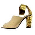 Load image into Gallery viewer, Fendi Beige / Gold Studded Suede and Leather Block Heel Sandals
