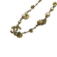 Load image into Gallery viewer, Chanel 2018 CC Logo Pearl Embellished Long Gold Chain Necklace with Camellias