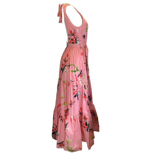 La DoubleJ Pink Multi Floral Printed Belted Cotton Poplin Maxi Dress