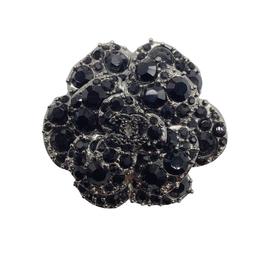 Chanel Black CC Logo Rhinestone Embellished Metal Strass Ruthenium Camellia Brooch