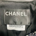 Load image into Gallery viewer, Chanel 2005 Navy Blue / White / Black Lambskin Leather Trimmed Fringed Houndstooth Metallic Tweed Jacket with CC Logo Buttons