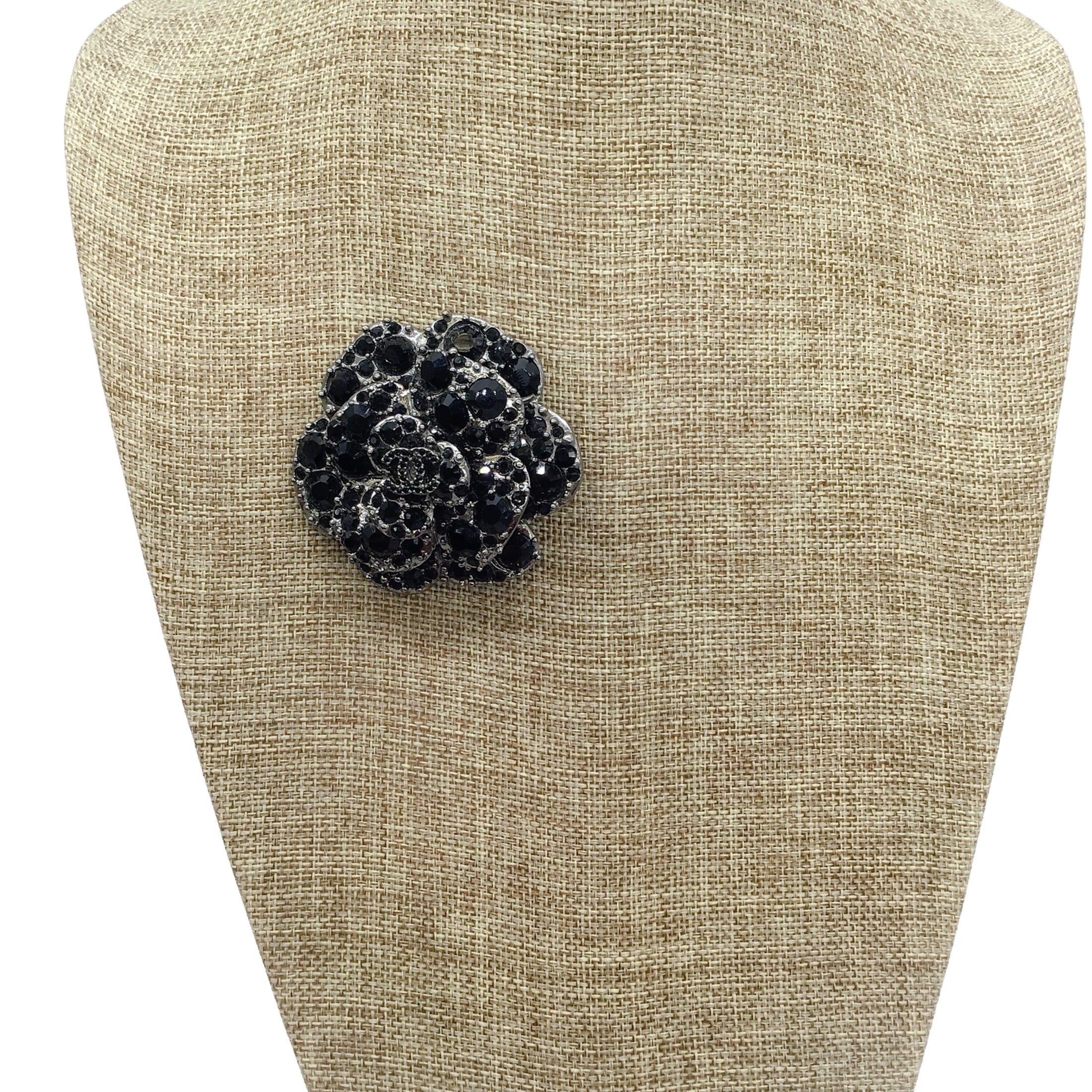 Chanel Black CC Logo Rhinestone Embellished Metal Strass Ruthenium Camellia Brooch