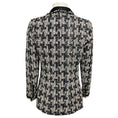 Load image into Gallery viewer, Chanel 2005 Navy Blue / White / Black Lambskin Leather Trimmed Fringed Houndstooth Metallic Tweed Jacket with CC Logo Buttons