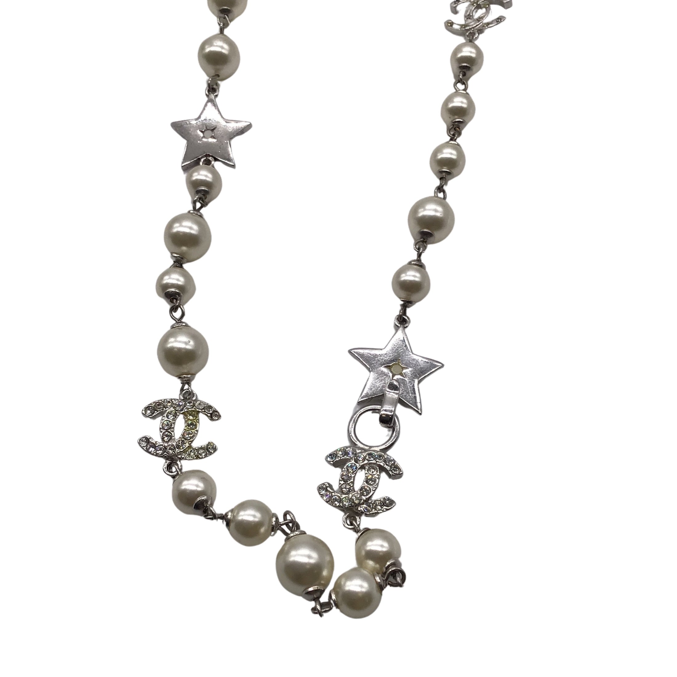 Chanel Cream / Silver 2006 CC Logo Faux Pearl and Strass Star Pendant Necklace