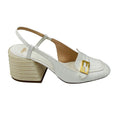 Load image into Gallery viewer, Fendi White / Gold FF Logo Plaque Croc Embossed Leather Block Heel Slingback Pumps