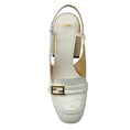 Load image into Gallery viewer, Fendi White / Gold FF Logo Plaque Croc Embossed Leather Block Heel Slingback Pumps