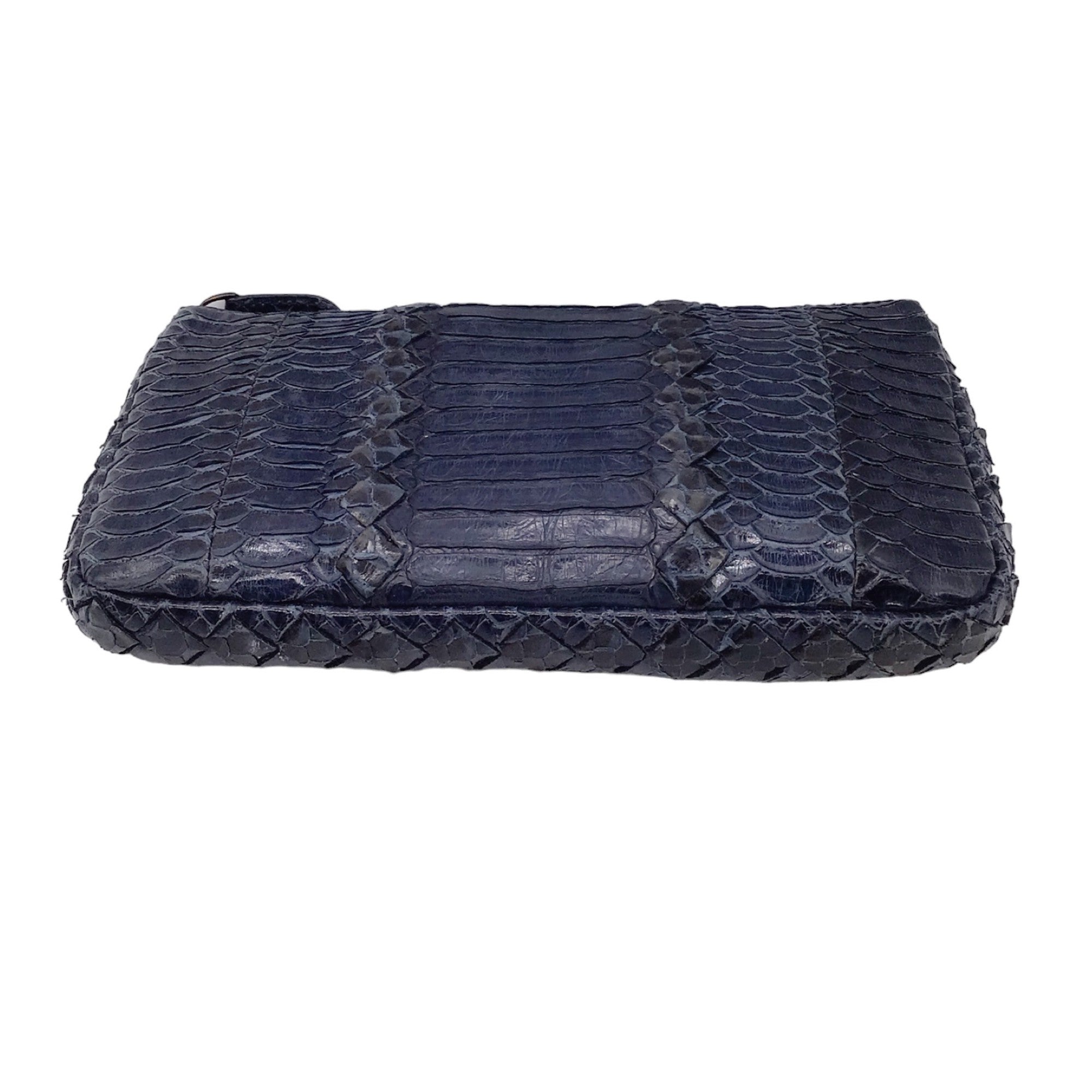 Bottega Veneta Navy Blue Python Skin Leather Zip Pouch Bag