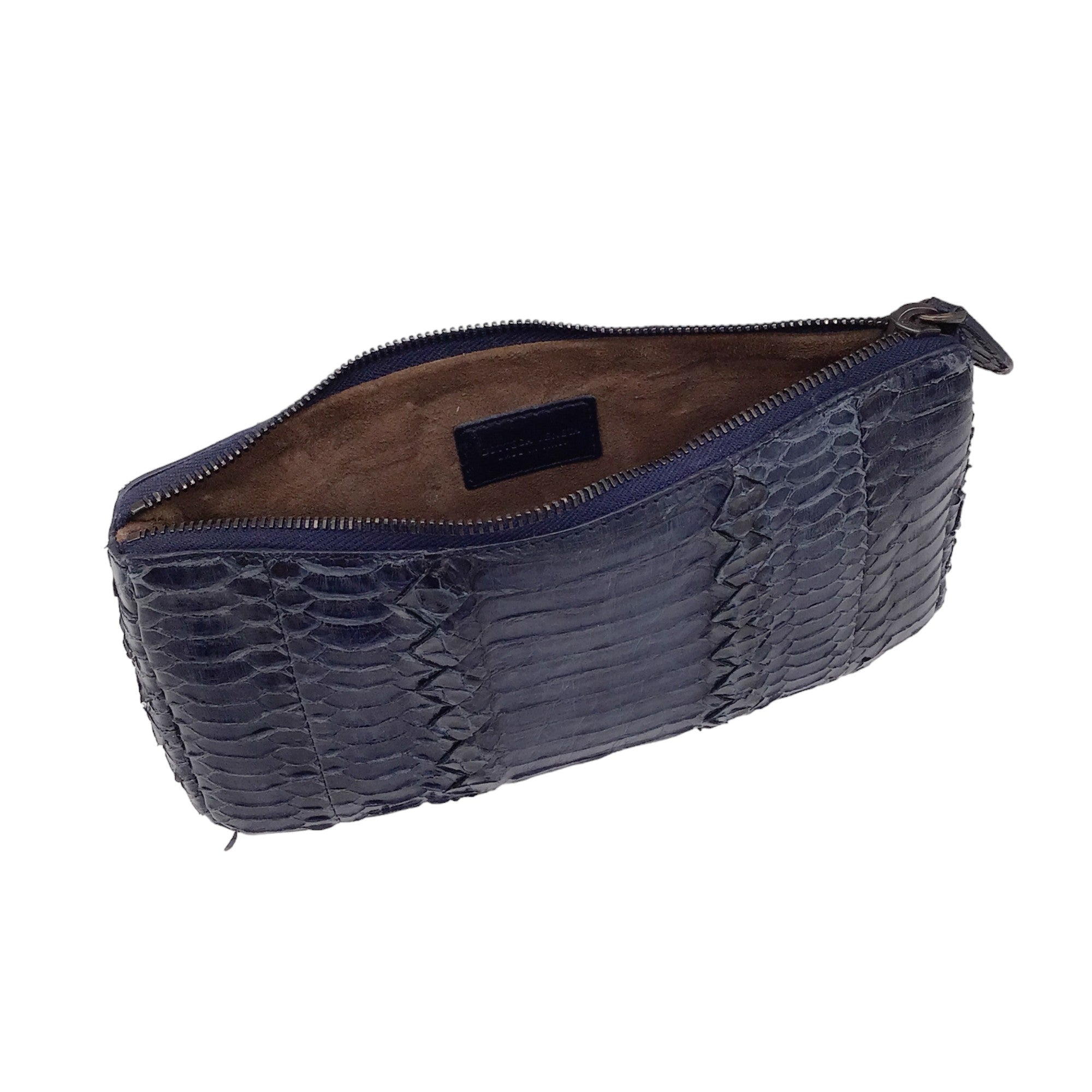 Bottega Veneta Navy Blue Python Skin Leather Zip Pouch Bag