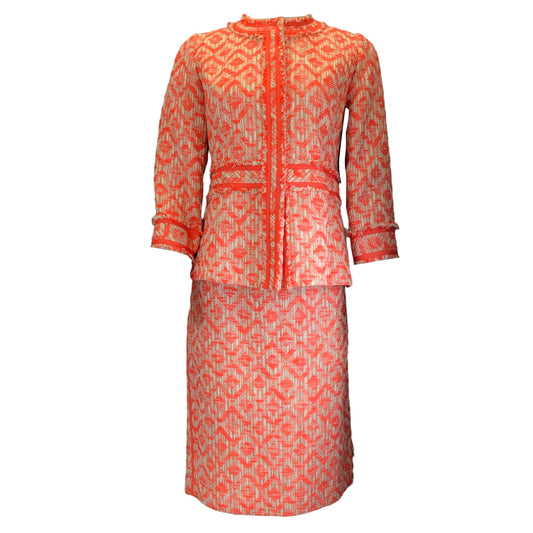 Lafayette 148 New York Orange / Ivory / Tan Cotton Tweed Jacket and Skirt Two-Piece Set