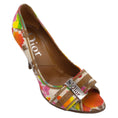 Load image into Gallery viewer, Christian Dior White Multi Floral Printed Bow Detail Logo Plaque Peep Toe Pumps

