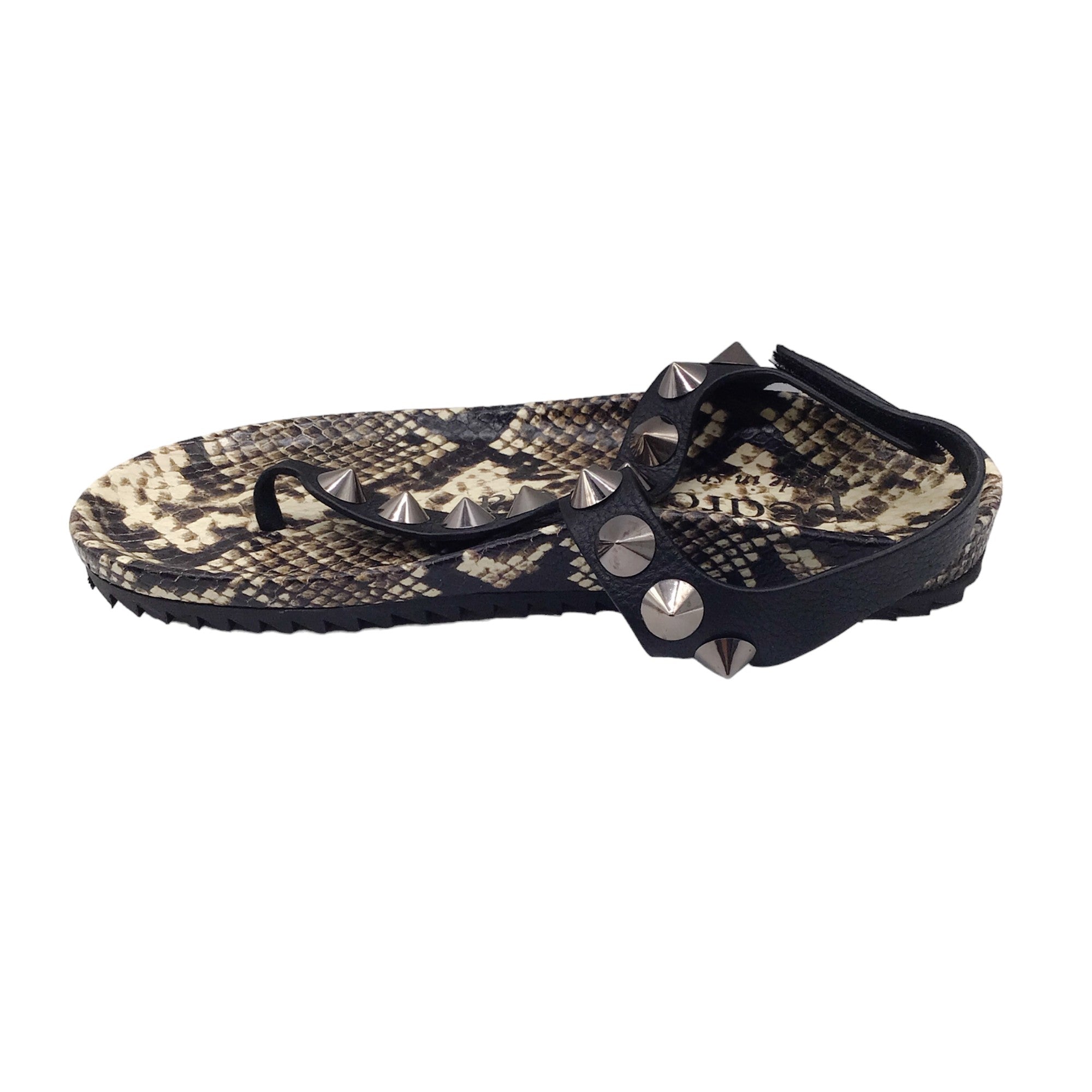 Pedro Garcia Beige / Black Spiked T-Strap Flat Snakeskin Leather Sandals