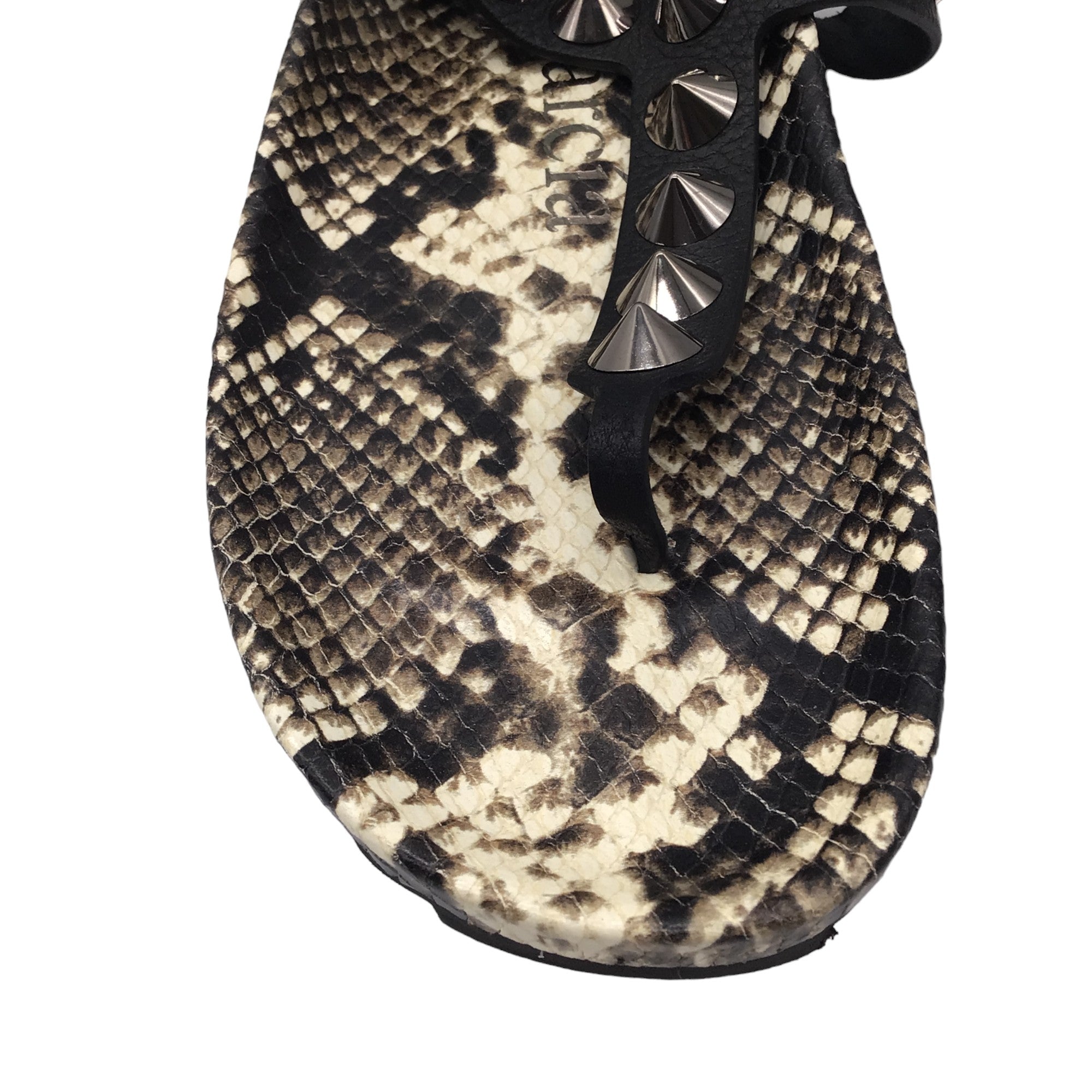 Pedro Garcia Beige / Black Spiked T-Strap Flat Snakeskin Leather Sandals