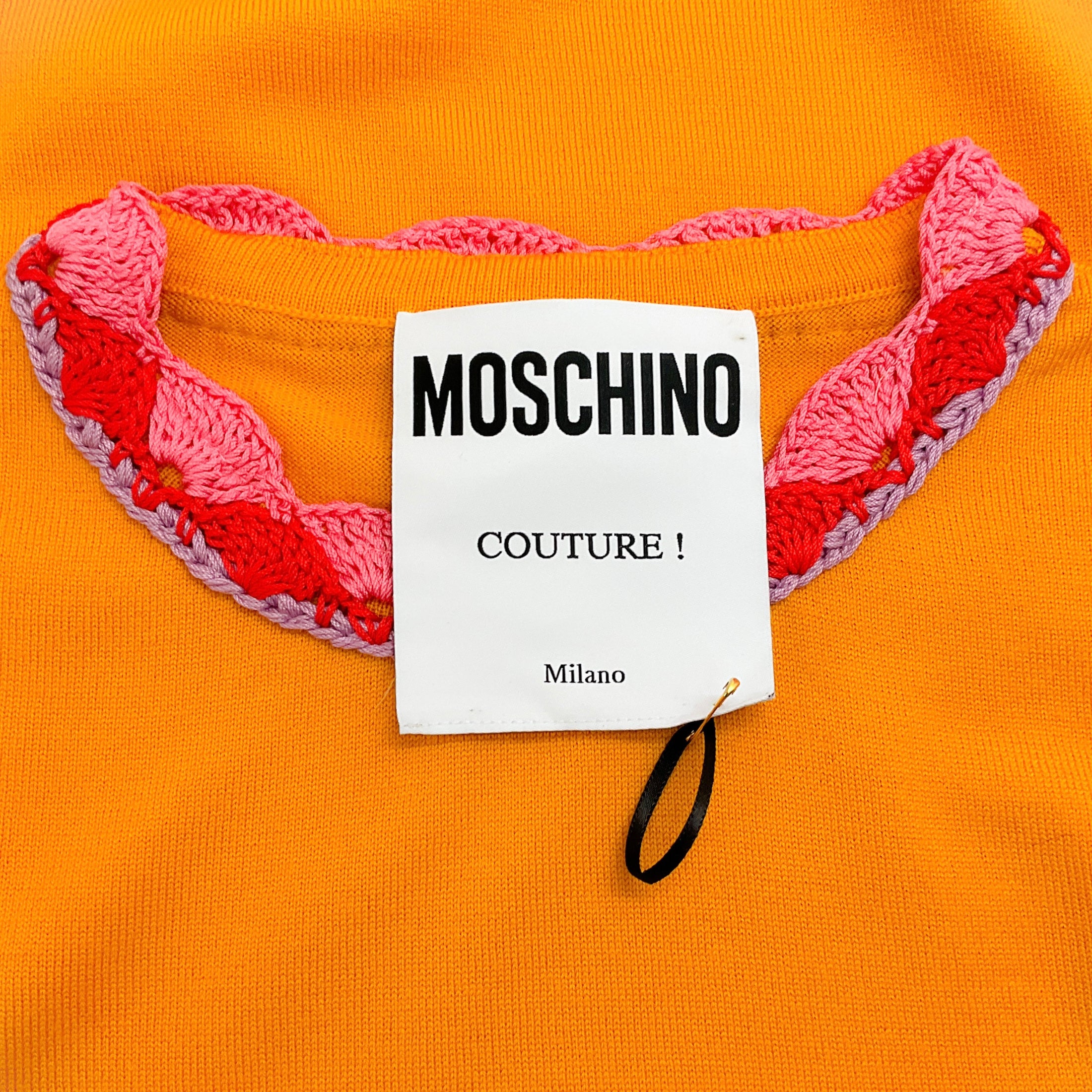 Moschino Couture Orange Short Sleeved Sweater with Crochet Trim