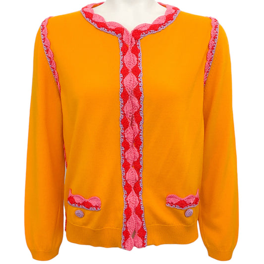 Moschino Couture Orange Cardigan Sweater with Crochet Trim