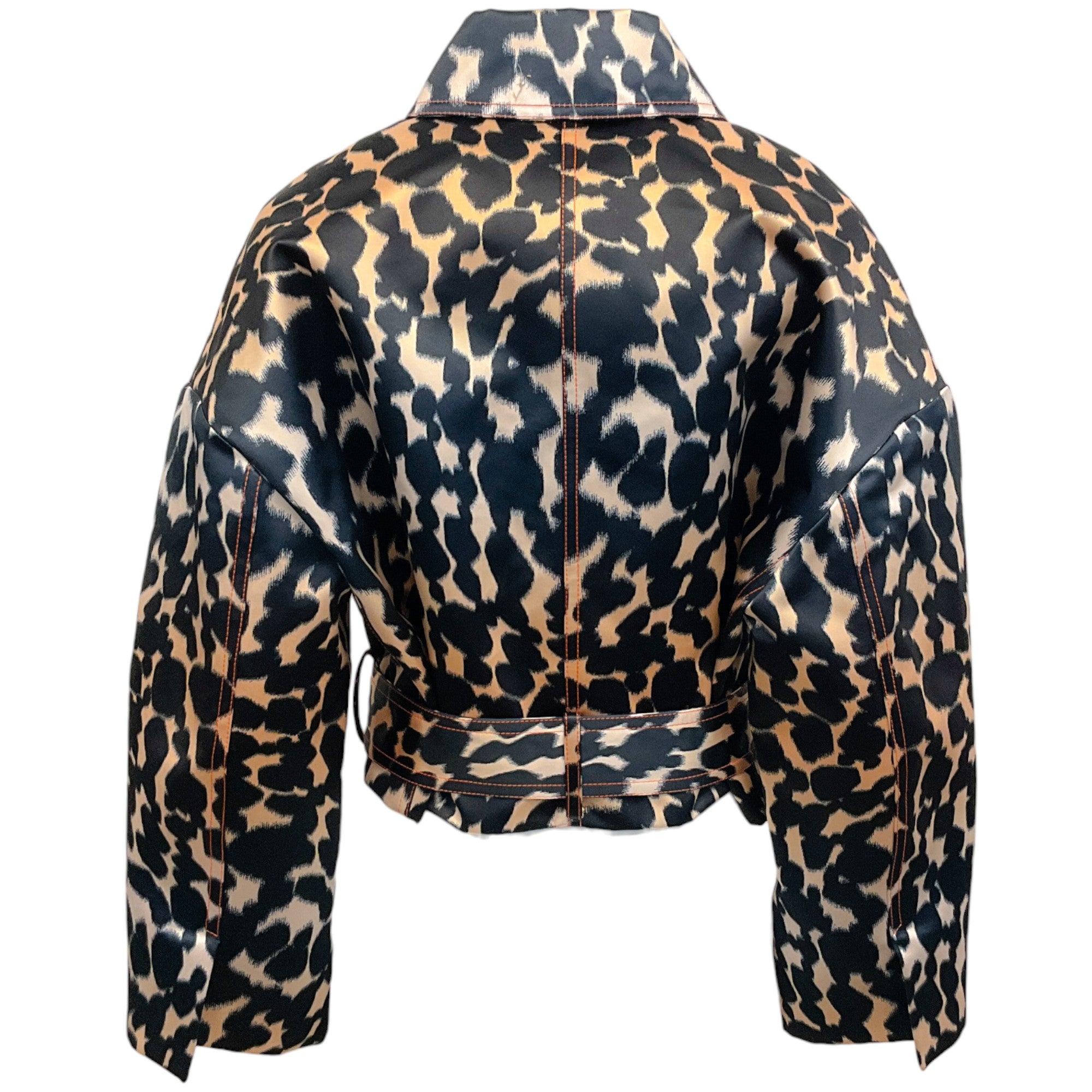 Maison Rabih Kayrouz Navy Blue Leopard Print Cropped Moto Jacket