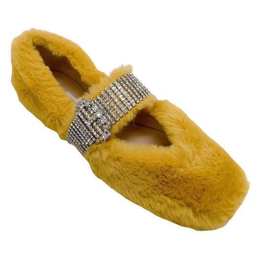 Jimmy Choo Yellow Faux Fur Krista Flats with Crystal Embellishments