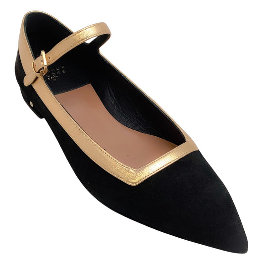 Laurence Dacade Black Suede Carmela Mary Jane Flats with Gold Trim