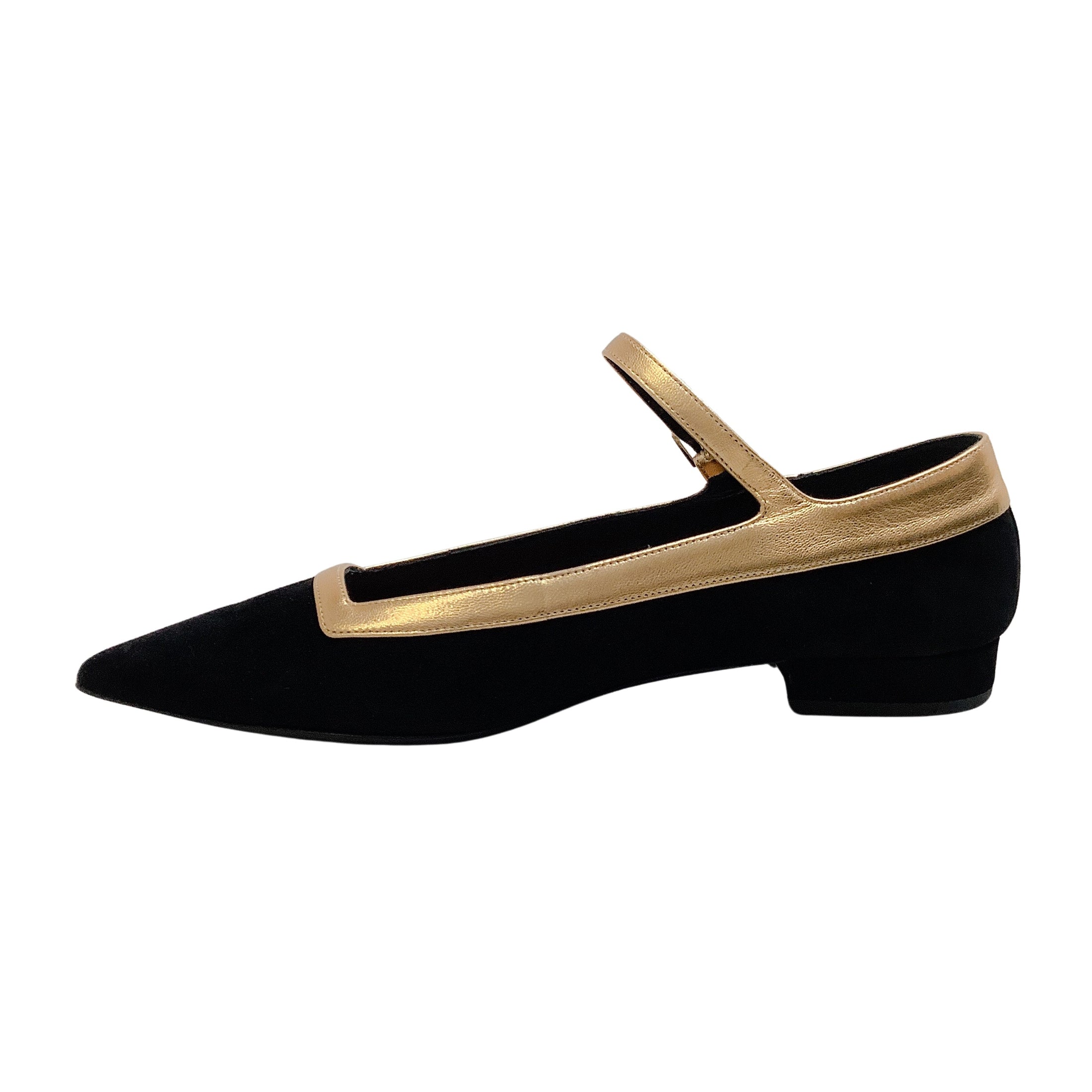 Laurence Dacade Black Suede Carmela Mary Jane Flats with Gold Trim