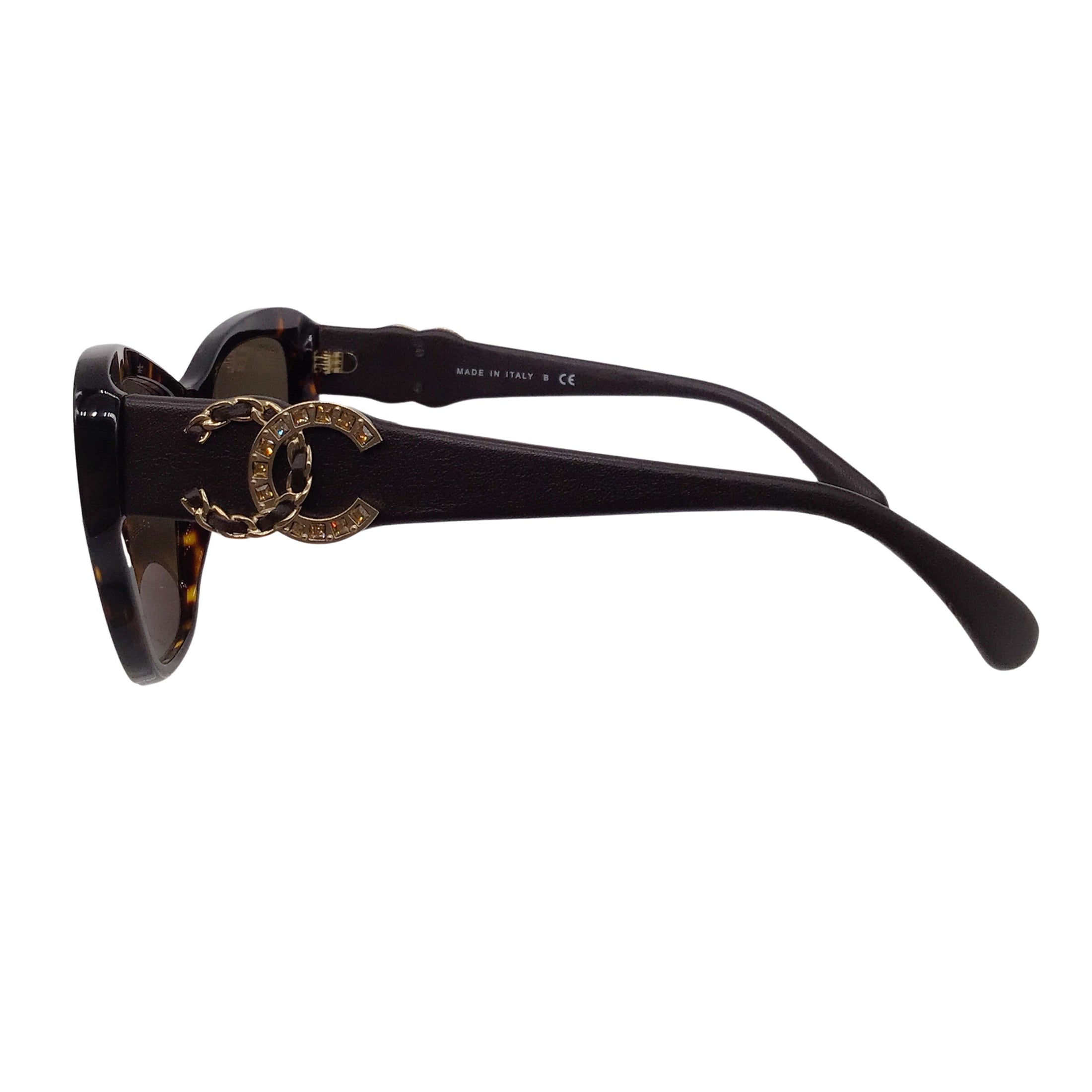 Chanel Brown Crystal Embellished CC Logo Butterfly Tortoiseshell Acetate and Lambskin Leather Sunglasses
