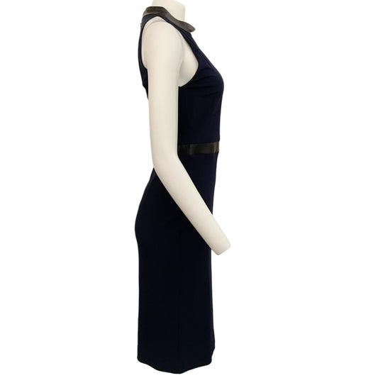 Gucci Navy Crepe Sleeveless Dress with Black Leather Trim