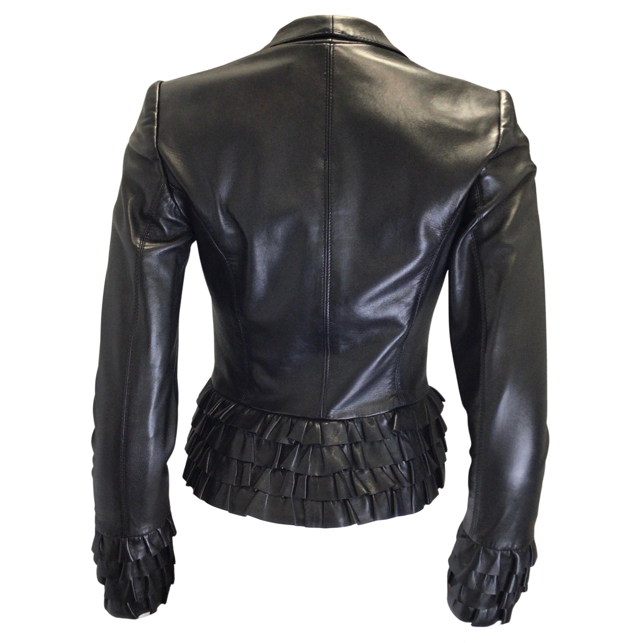 Valentino Black Vintage 90's Ruffled Detail Lambskin Leather Jacket