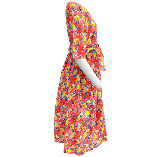 Fatto In Italia Multi Floral Cotton Tie Waist Midi Dress