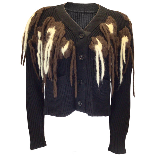 Sacai Black / Ivory / Brown Yarn Detail Ribbed Knit Cardigan Sweater