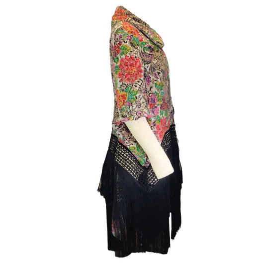 Voyage Mazzilli Michielsens Vintage Red / Black Multi Floral Embroidered Fringed Hem Knit Sleeved Coat