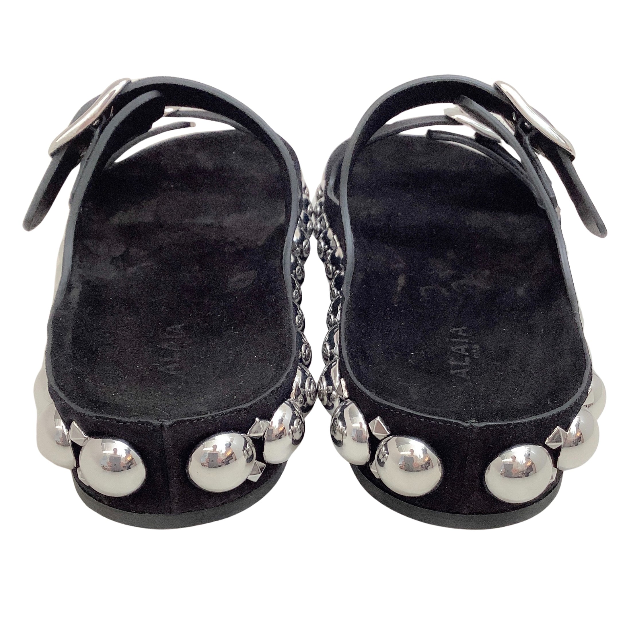 Alaia Black Suede Two Strap Sandal with Large Silver Studs